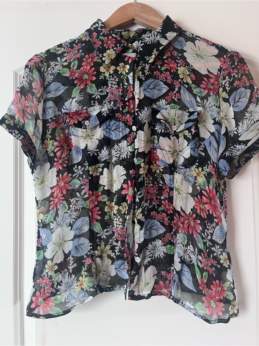 Spenser Jeremy Black Sheer Floral Button-Down Top with Red and Blue Accents